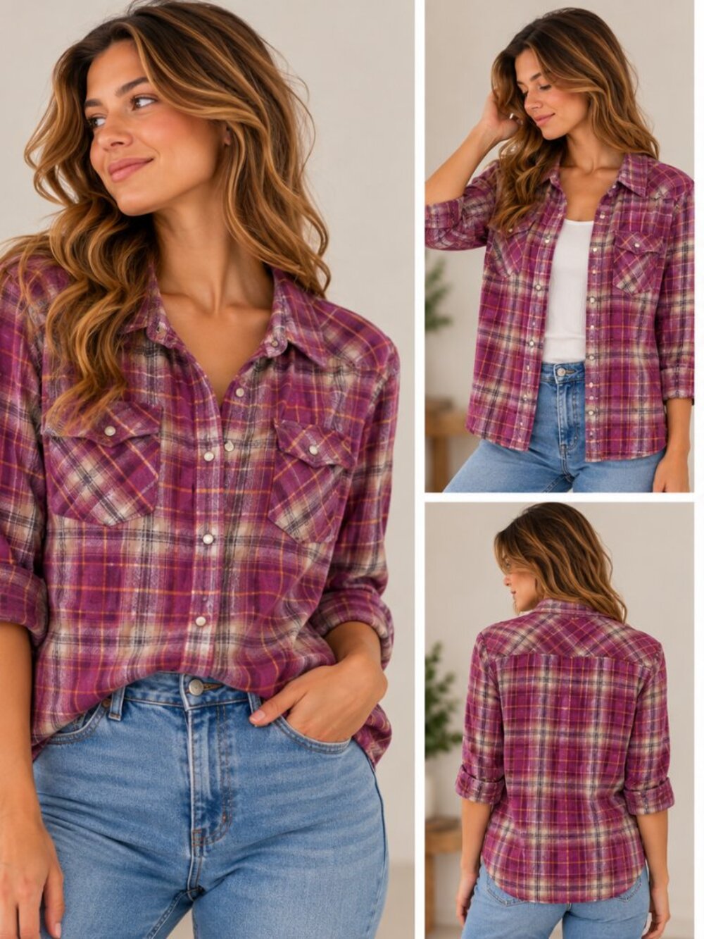 BIT & BRIDLE FLANNEL Purple and Tan Snap Up Sz M